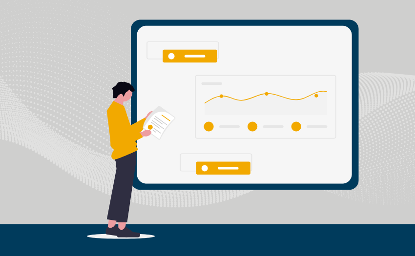 Illustration of a person reviewing data on a screen to inform product strategy with AI-powered insights and trends.