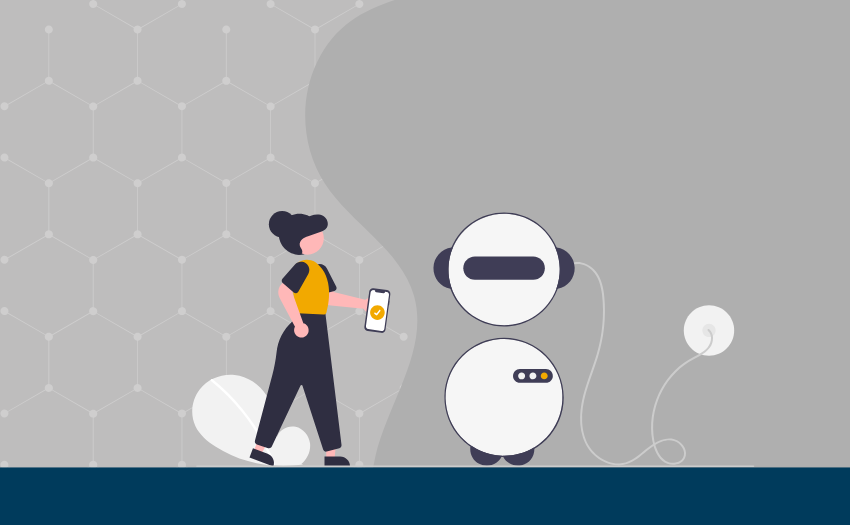A person interacts with a robot using a mobile device, representing the intersection of ethics and emerging technologies.