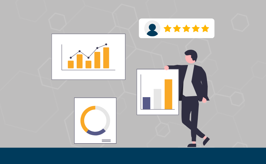 cartoon showing a person standing next to graphs and charts