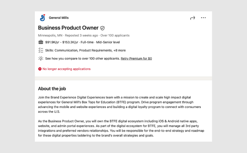 screenshot of product owner job posting on LinkedIn