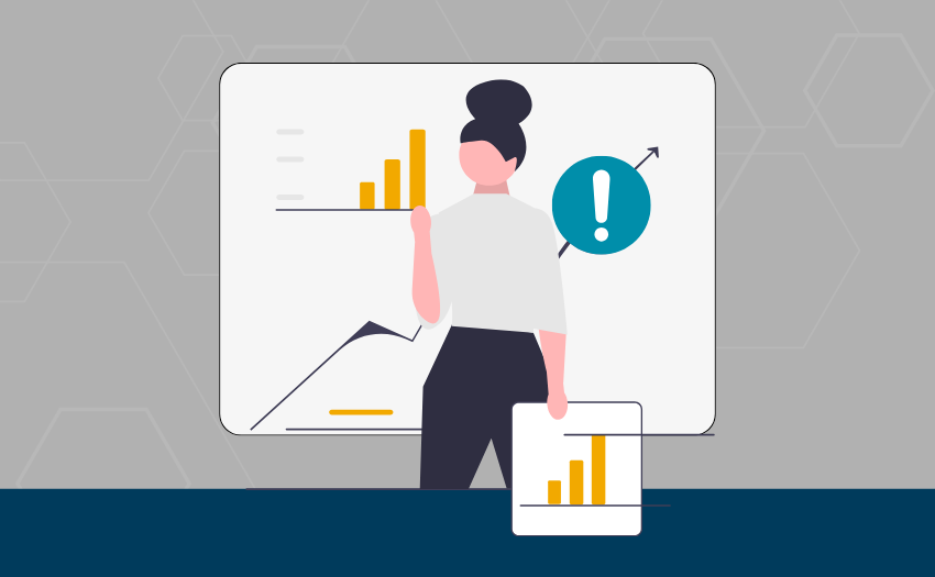 Illustration representing risk management in project management with data analysis and risk indicators.