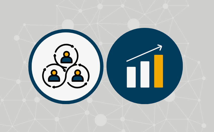 two icons - one of people icons inside circles and the other a bar graph going up